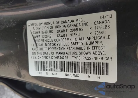 2013 Honda Civic Lx из США, поврежденный, VIN 2HGFB2F52DH544795